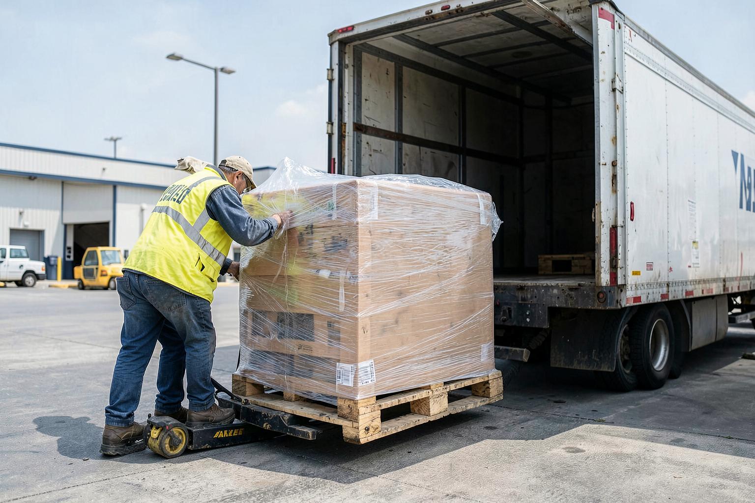 How to Buy Liquidation Pallets: A Complete Buyer's Guide — PalletCove Liquidation, Dallas, Texas Wrapped liquidation pallet being loaded for free freight delivery from the Dallas warehouse