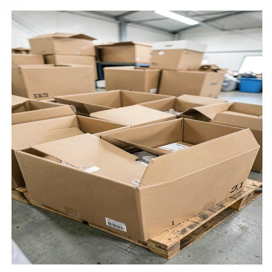 Open cartons arranged for comparison of liquidation merchandise condition grades