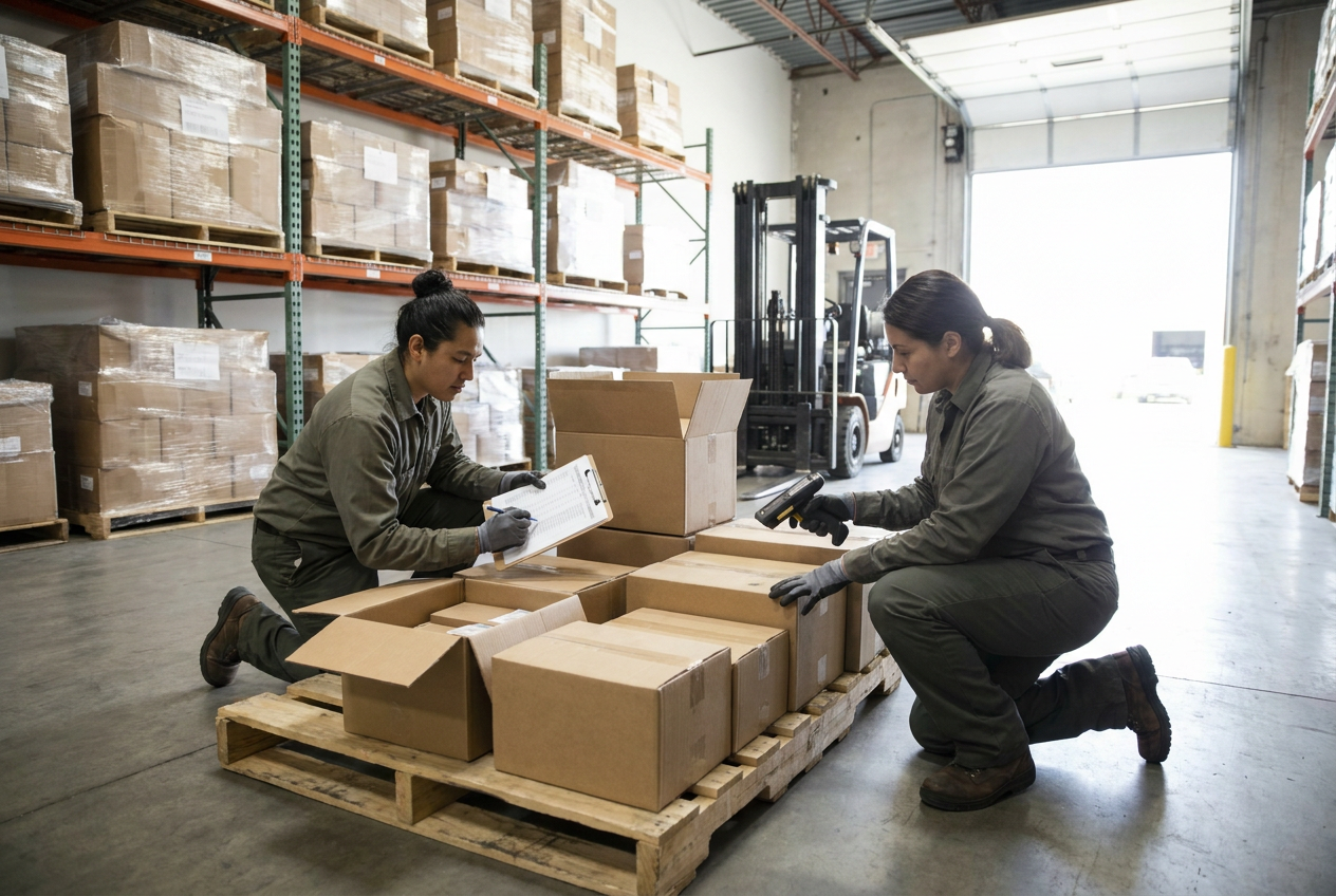 Wrapped cartons stacked on warehouse pallets for an Amazon liquidation pallets contents guide