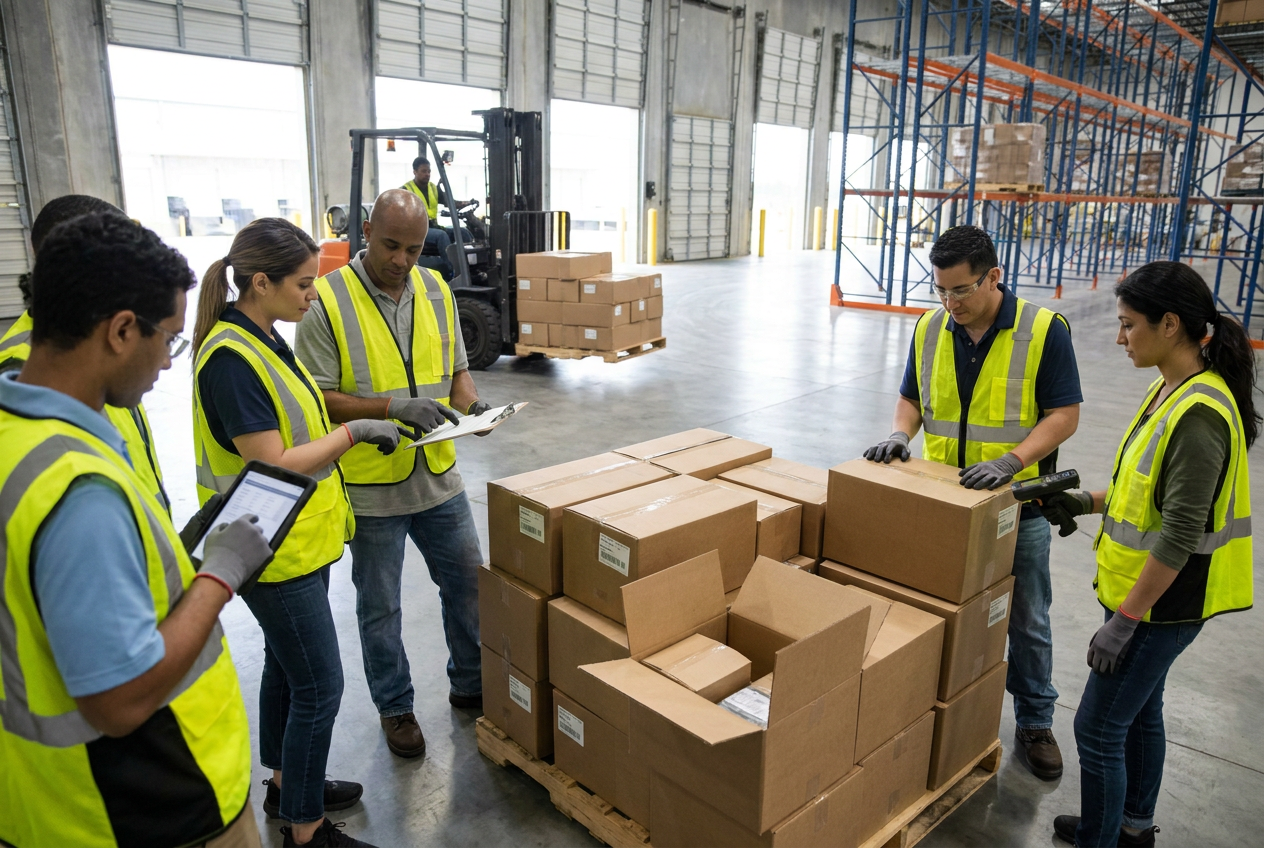 Boxed merchandise arranged for checking Amazon liquidation pallets against load descriptions