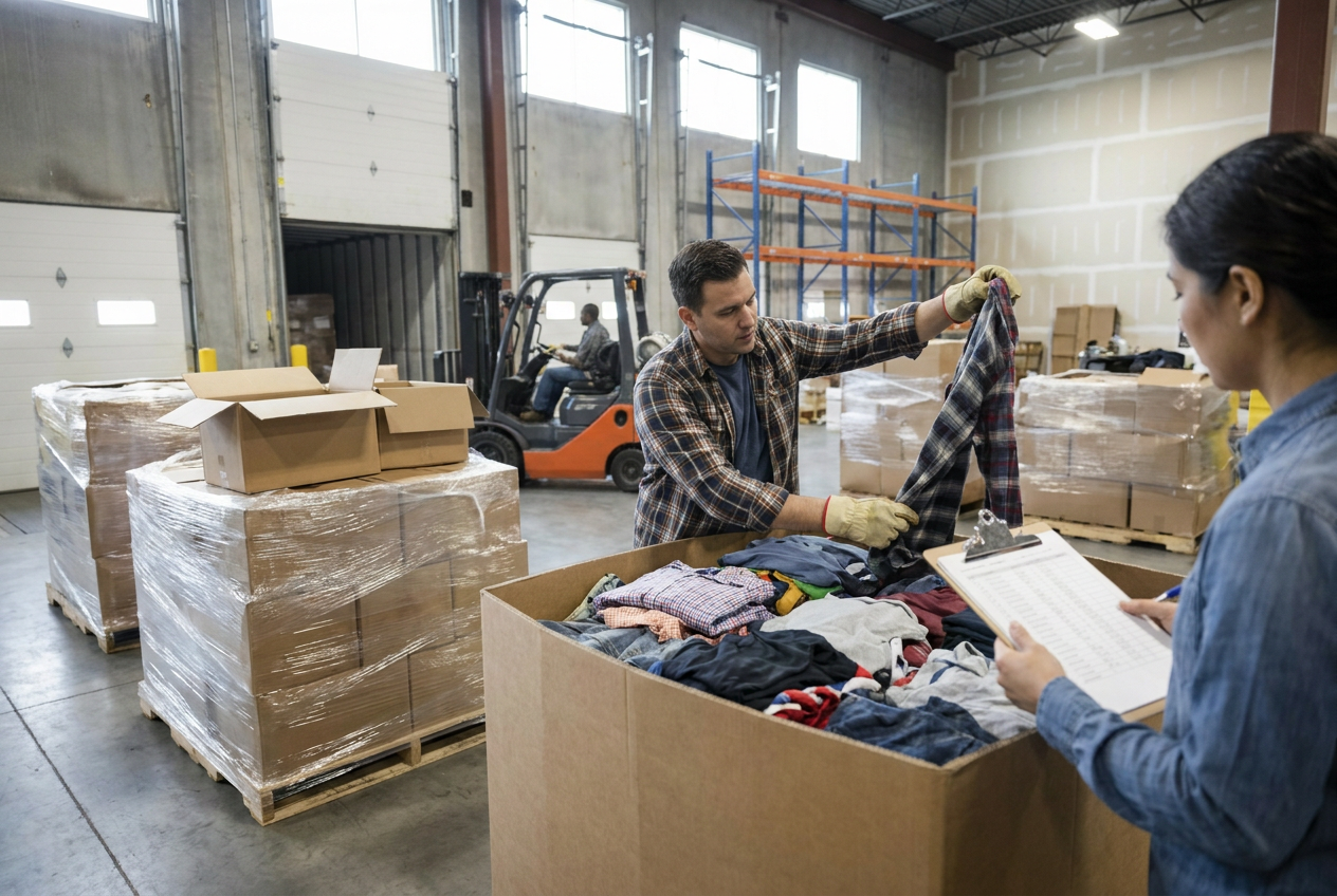 Apparel liquidation pallets with folded clothing and mixed garments arranged for intake sorting