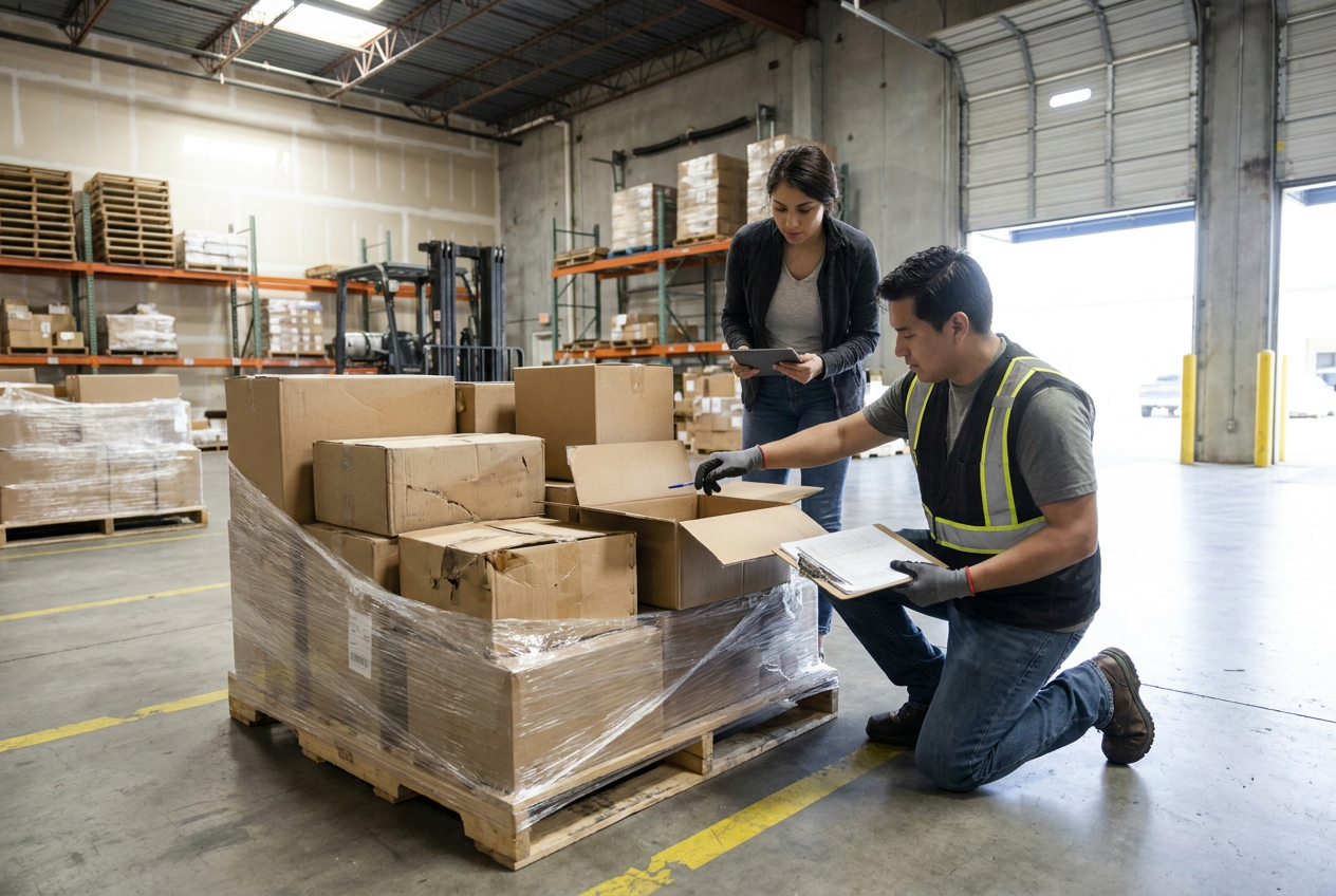 Liquidation pallet cartons arranged in a warehouse for supplier verification and inventory review