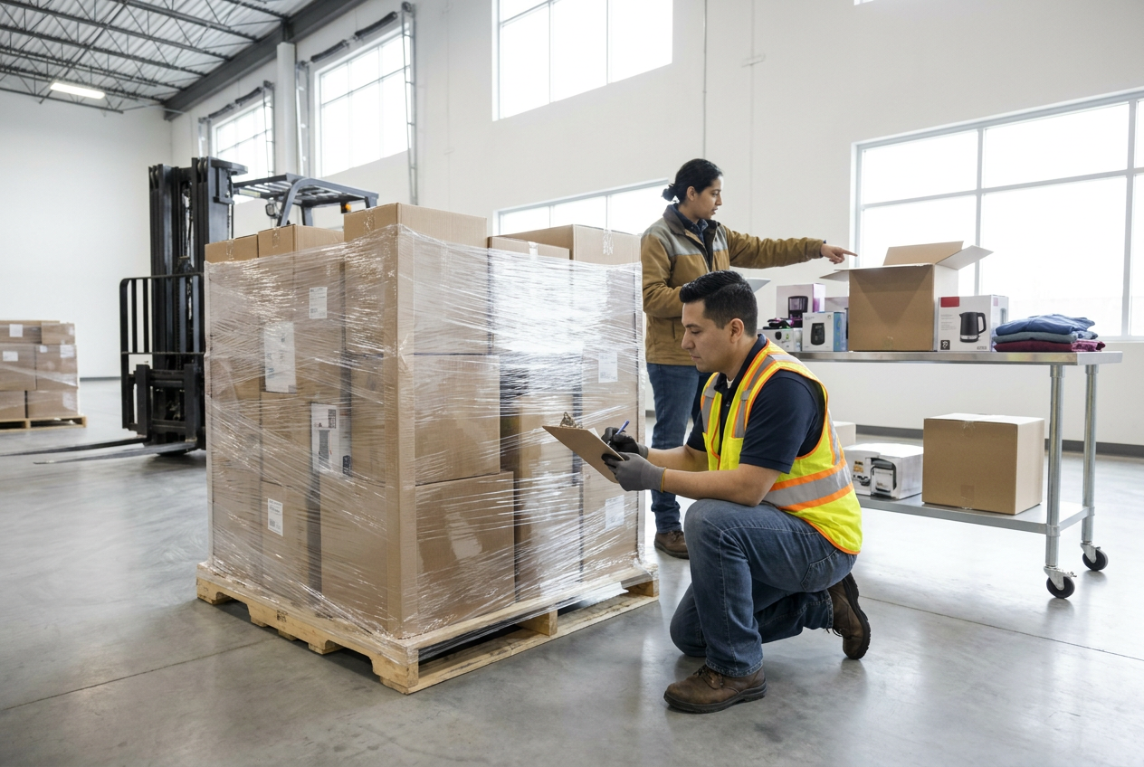 Wrapped liquidation pallets and cartons ready for delivery inspection and shipment documentation