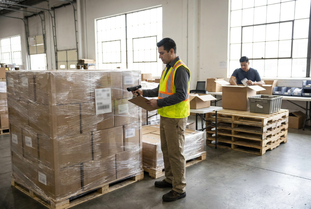 Wrapped liquidation pallets beside an inventory sheet for comparing blind vs manifested pallets