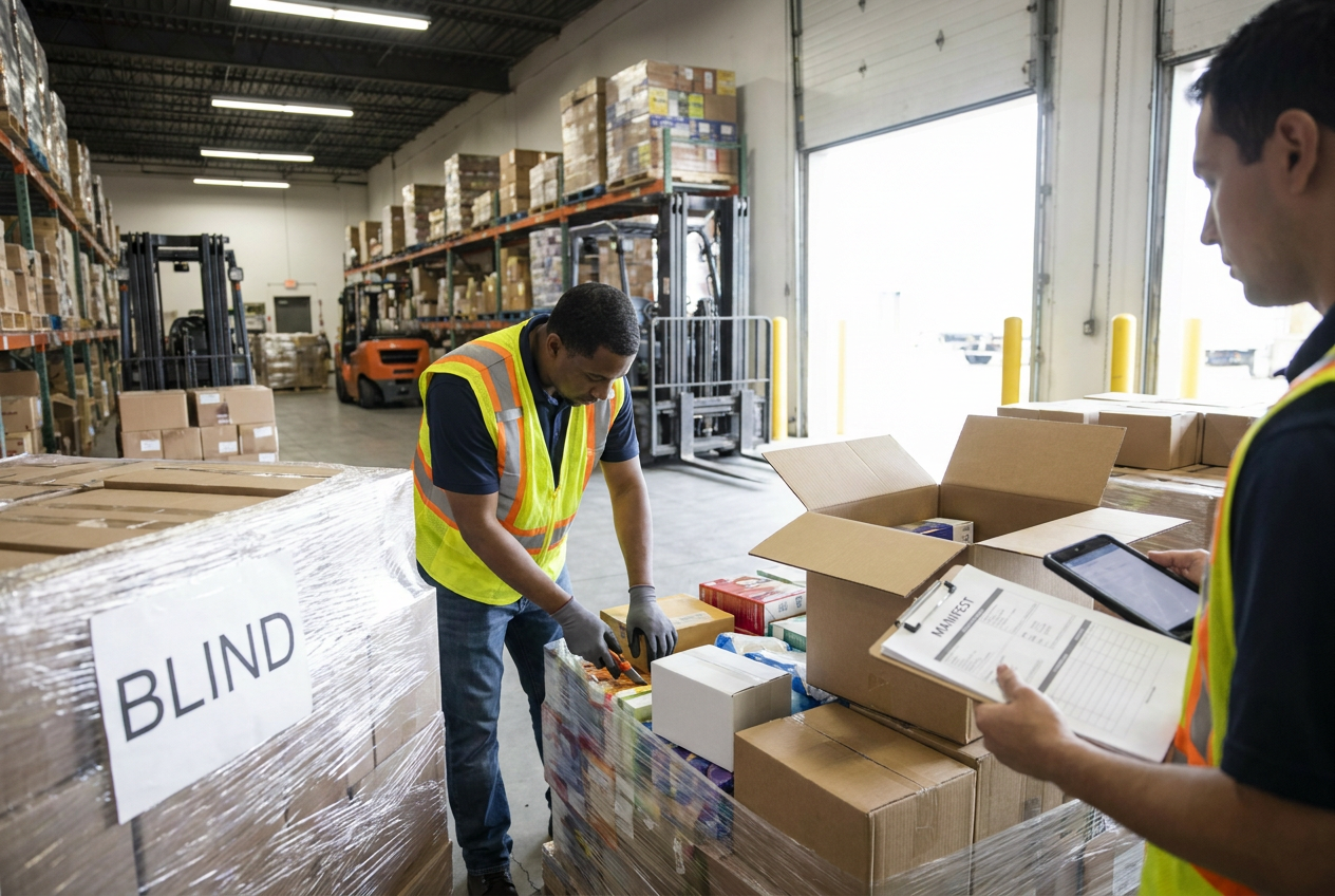 Liquidation cartons and receiving checklist used to document pallet counts and visible packaging condition