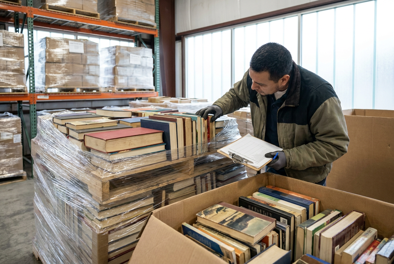 Editorial illustration of book liquidation pallets with books arranged for edition and condition review