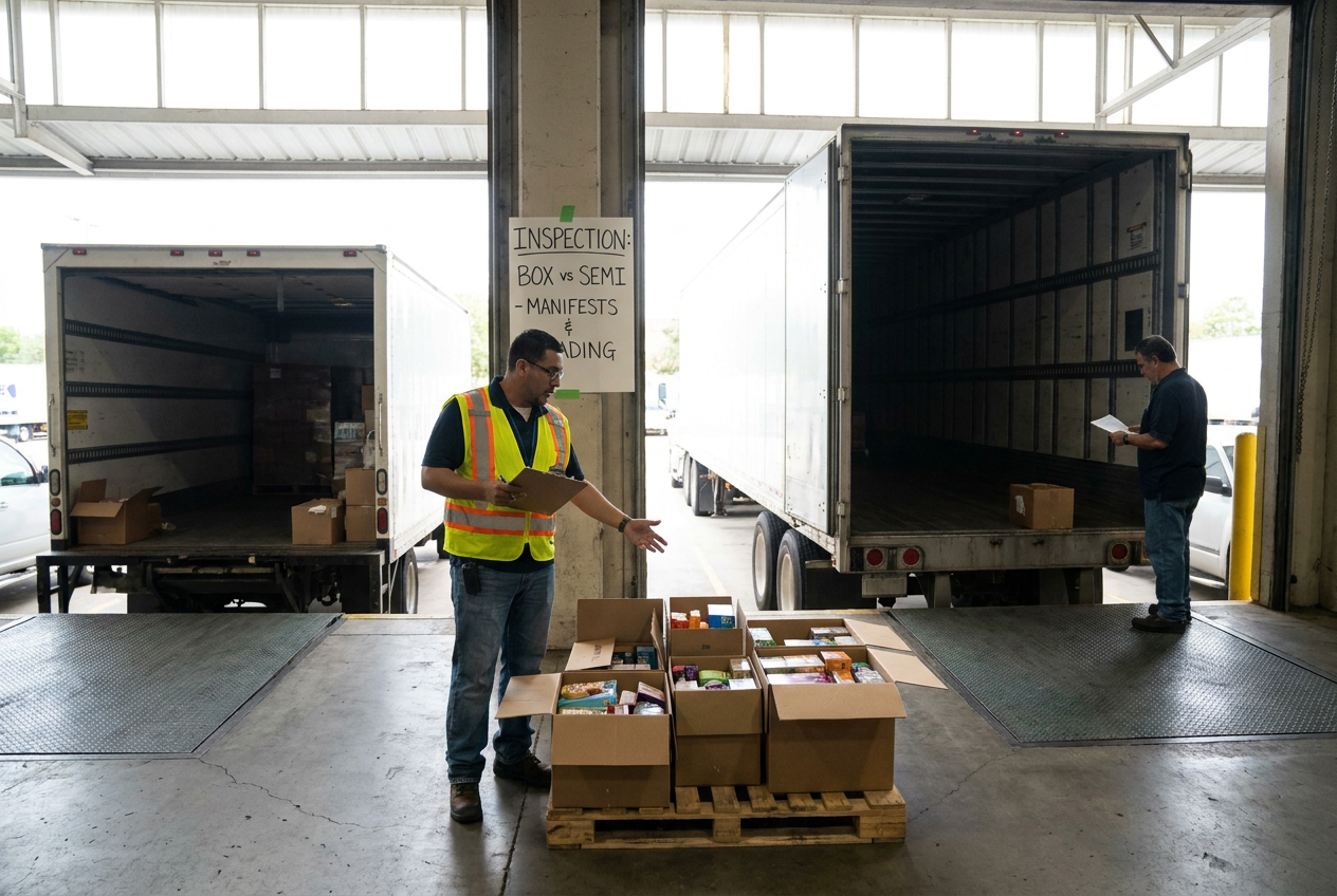 Box truck vs semi truck comparison Box truck vs semi truck editorial illustration comparing enclosed freight vehicle layouts