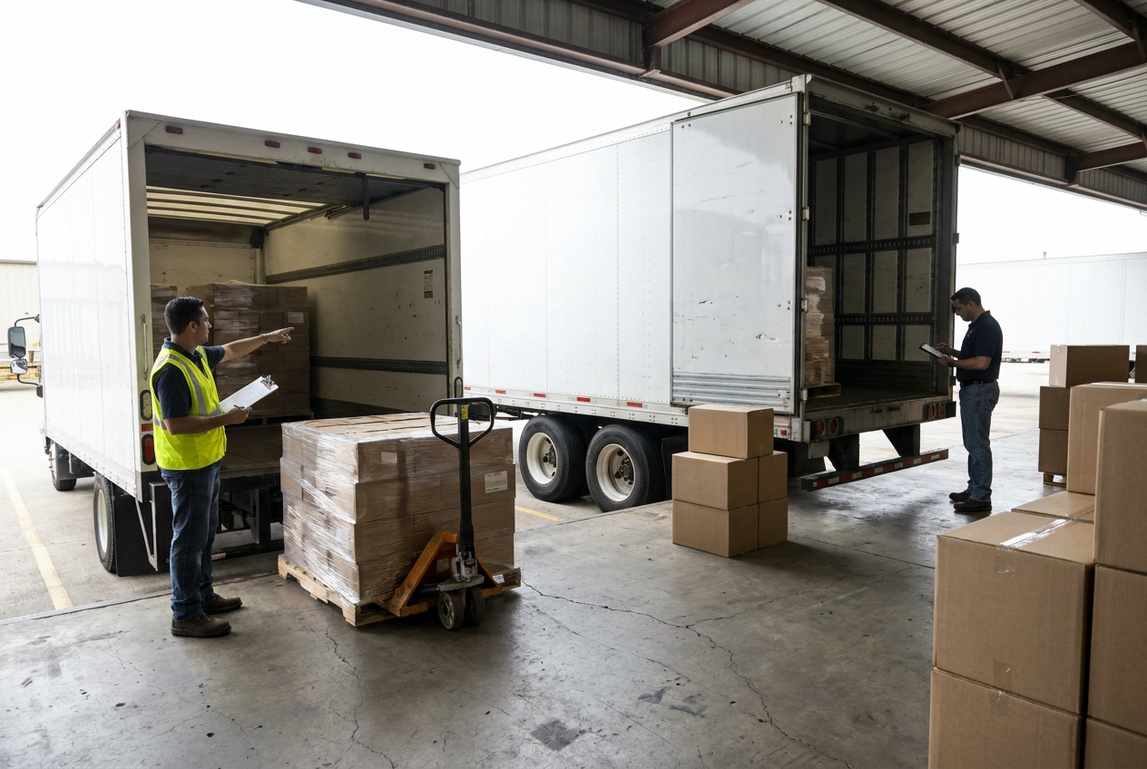 Editorial illustration comparing box truck vs semi truck configurations for liquidation transport