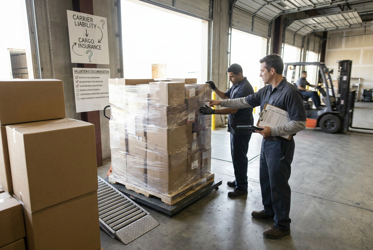 Editorial illustration of cargo insurance for liquidation freight with palletized goods and coverage documents
