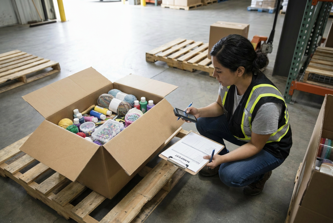 Editorial illustration of adhesive assessment concerns in craft supplies liquidation pallets