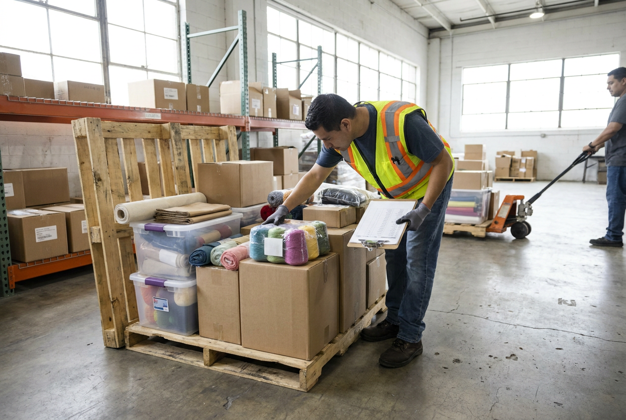 Editorial illustration of material labels and dye batch matching for craft liquidation inventory