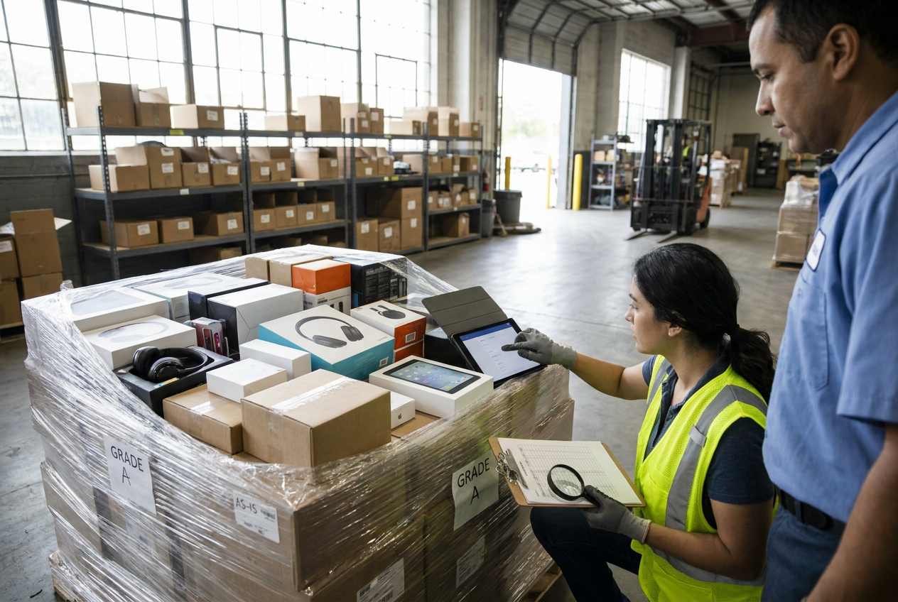 Electronics pallet testing workflow Electronics liquidation pallets testing bench with devices and charging accessories arranged for inspection