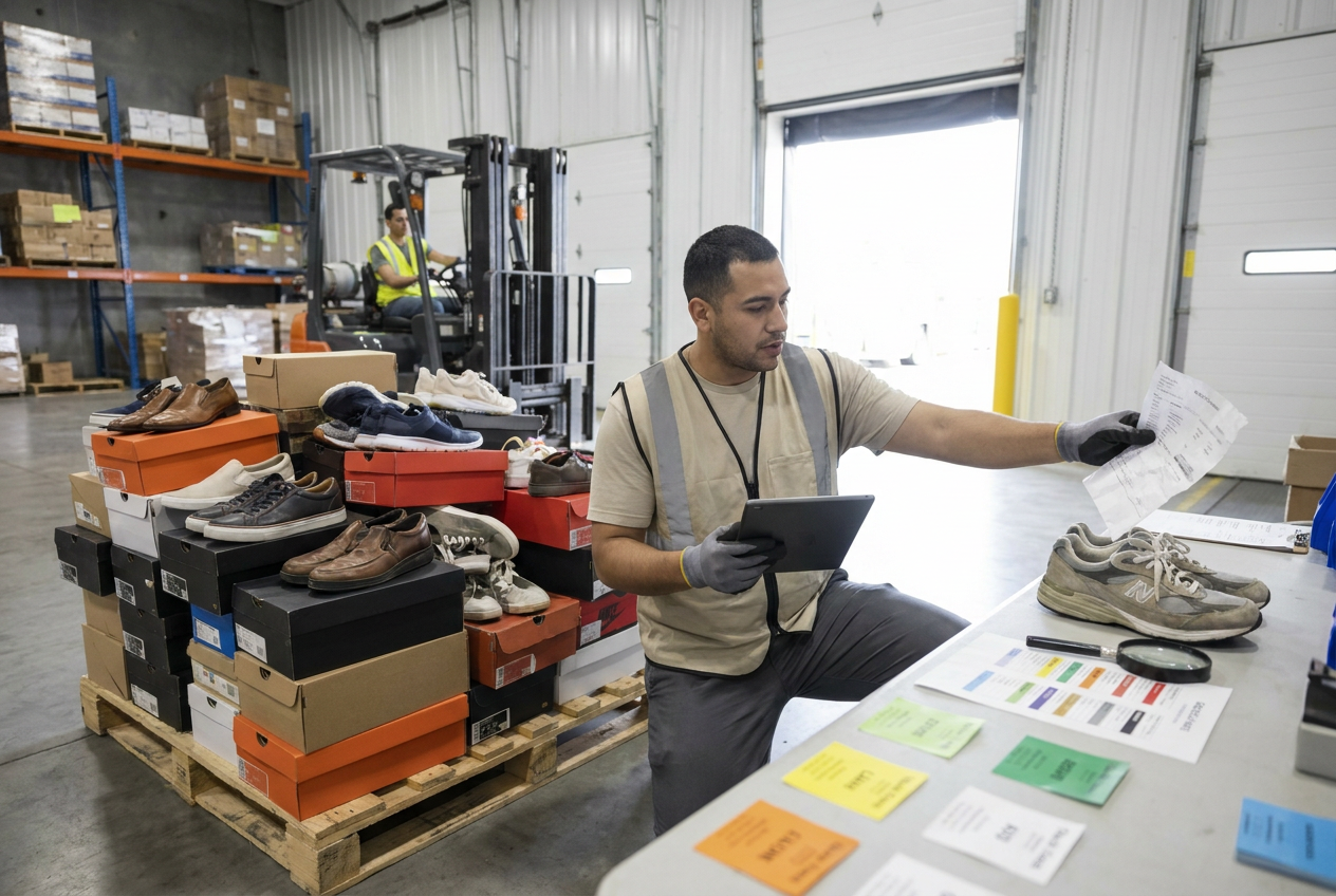 Footwear liquidation pallets: size checks Shoeboxes and size labels used to assess footwear liquidation pallets before sorting