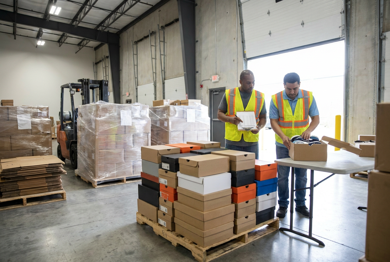 Matched shoes and packaging review Paired footwear beside open boxes during a liquidation shoe packaging and condition inspection