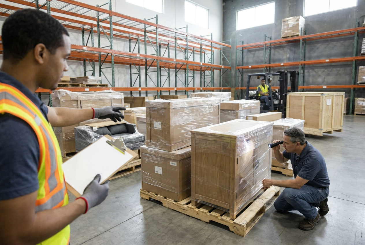 Flat-pack cartons and furniture panels staged for completeness checks on furniture liquidation pallets