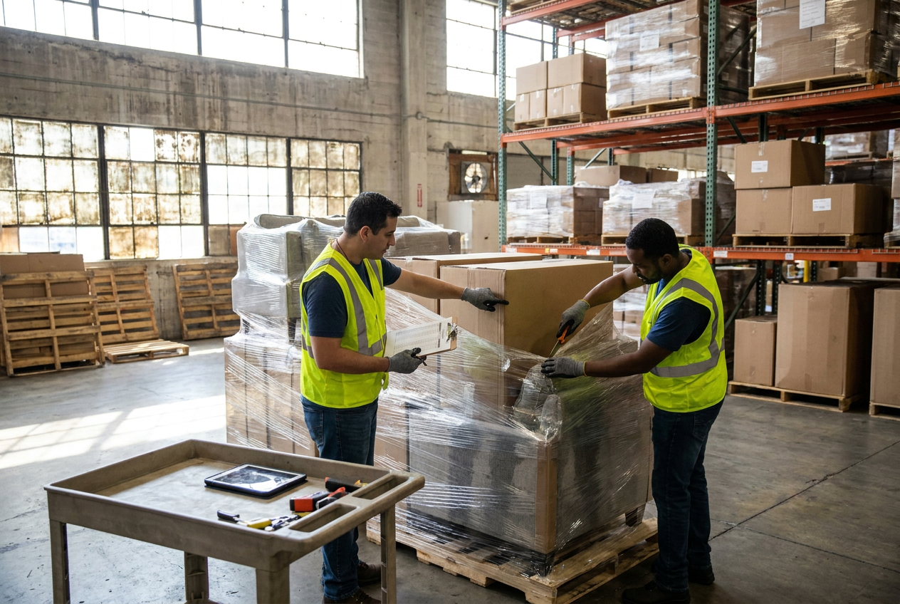 Wrapped upholstered furniture and boxed pieces staged for inspection of furniture liquidation pallets