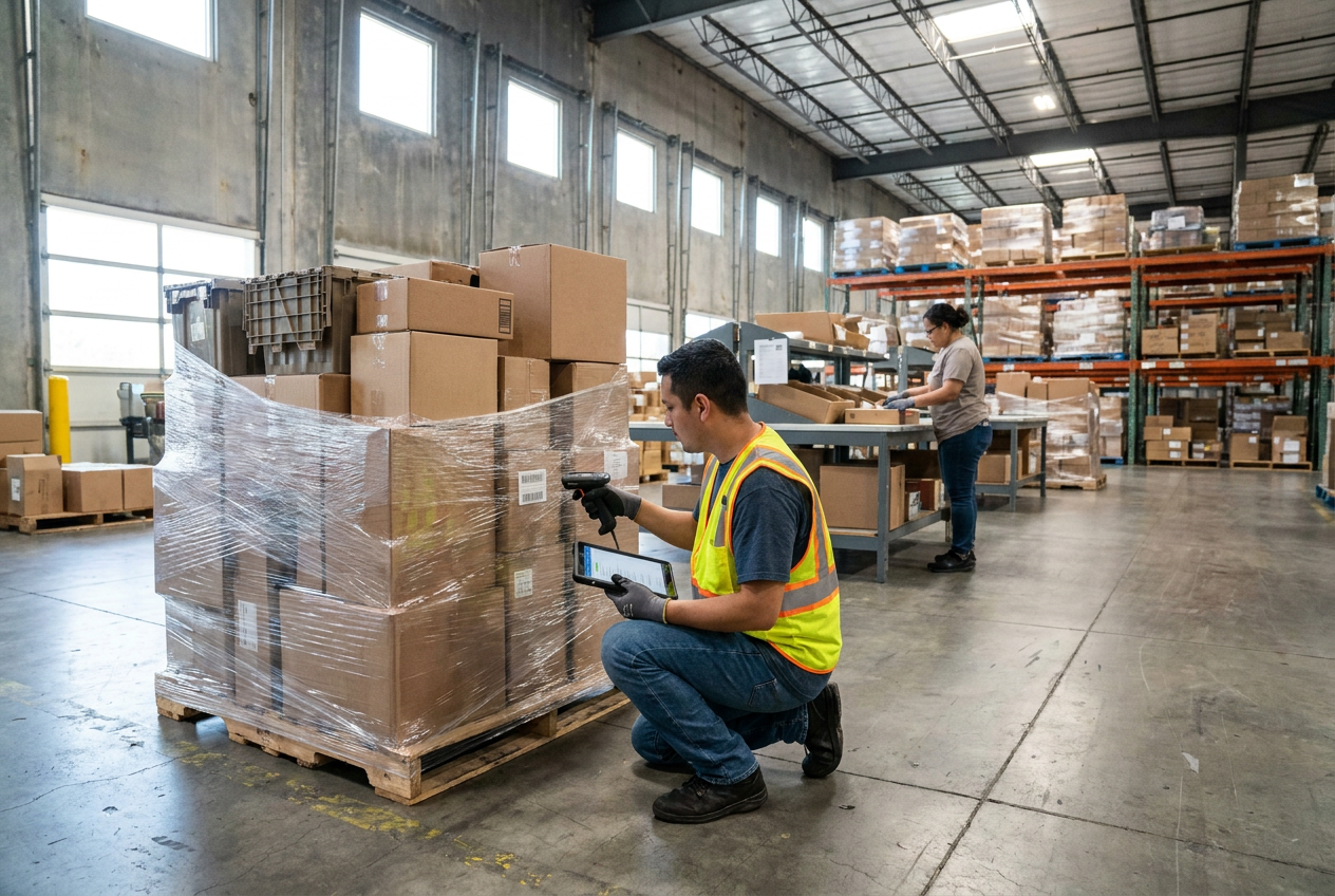 General merchandise liquidation pallets with mixed cartons arranged for warehouse assessment