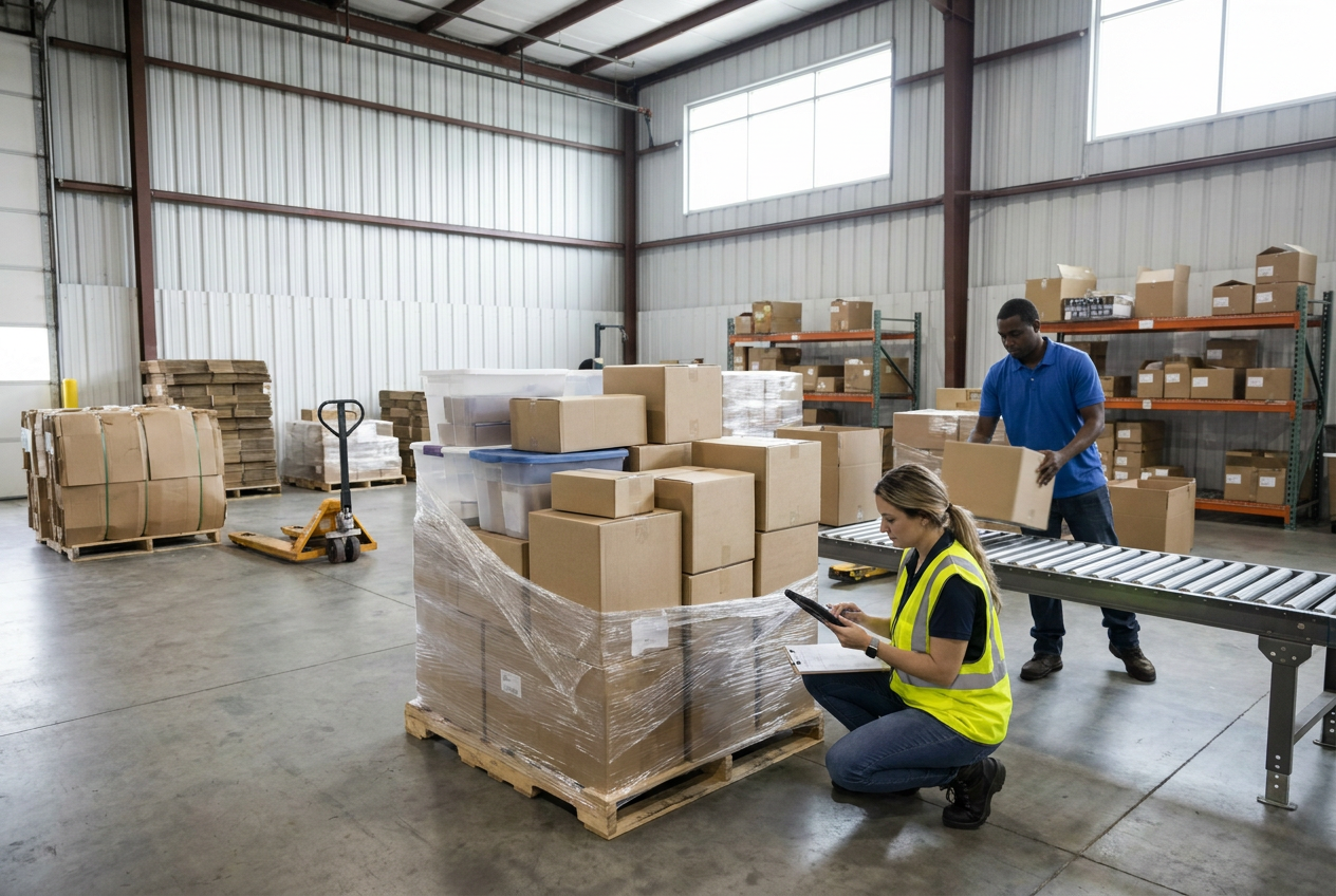 Sorting mixed household goods from general merchandise liquidation pallets into labeled storage areas