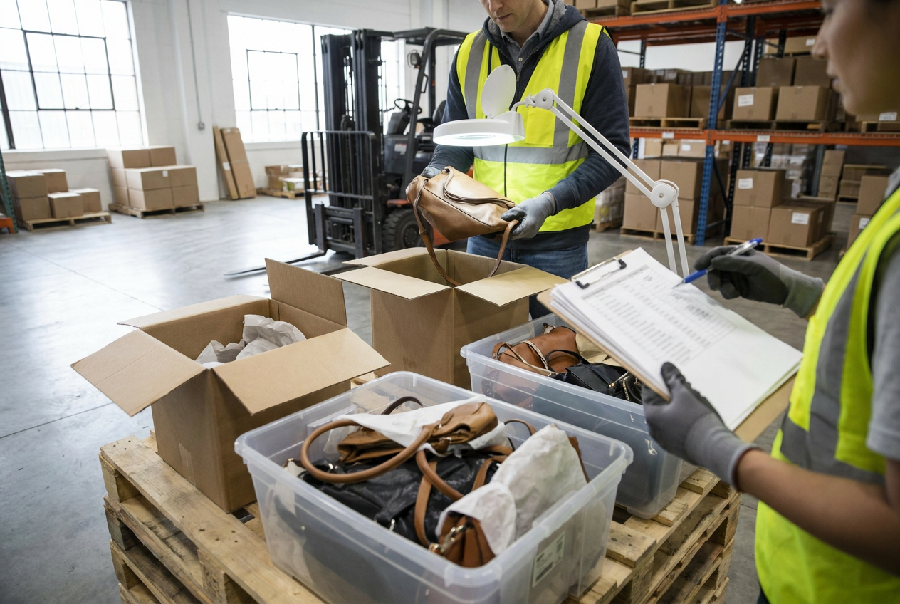 Handbag liquidation lots inspection showing exterior materials, straps and closure hardware