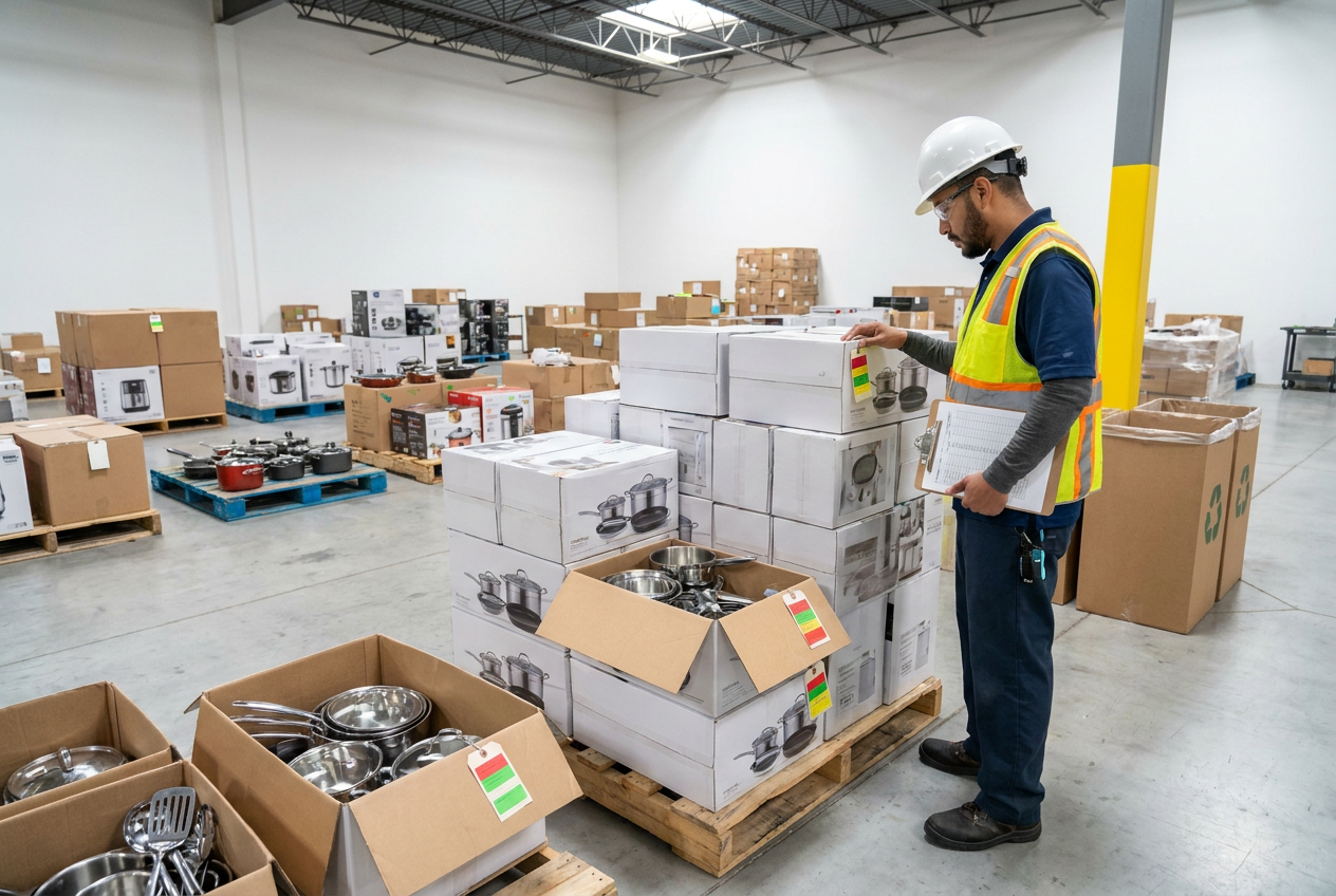 Cookware and utensils arranged for inspection of kitchenware liquidation lots on a sorting table