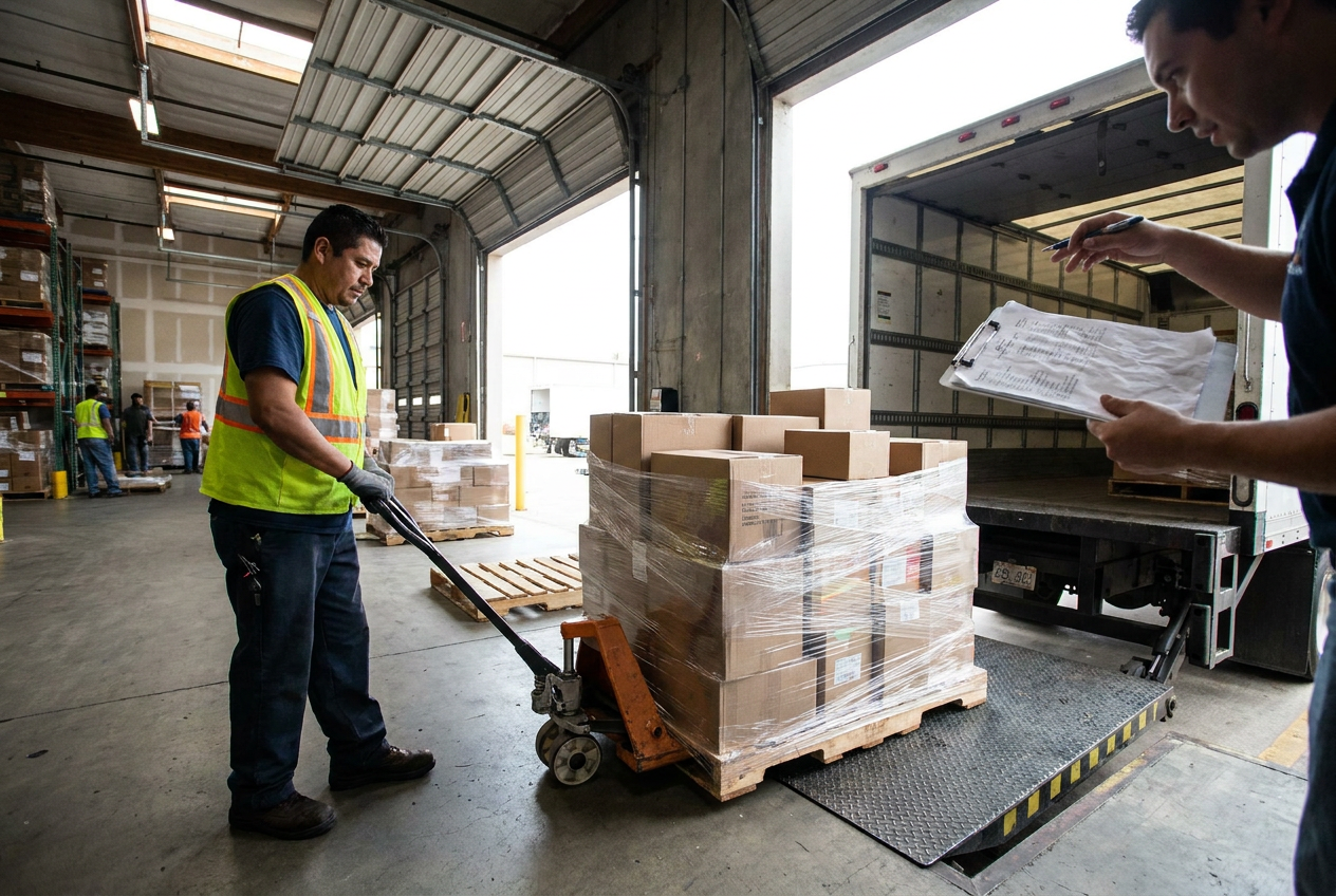 Preparing a safe pallet receiving area Wrapped liquidation pallet beside a paved unloading area with room for ground-level handling