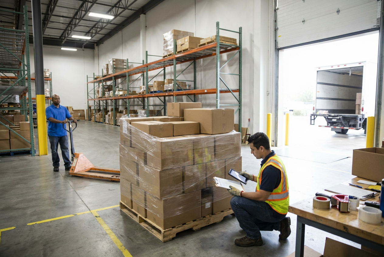 Check the invoice against the shipment Reseller comparing pallet shipment paperwork with an auction invoice during delivery-day inspection