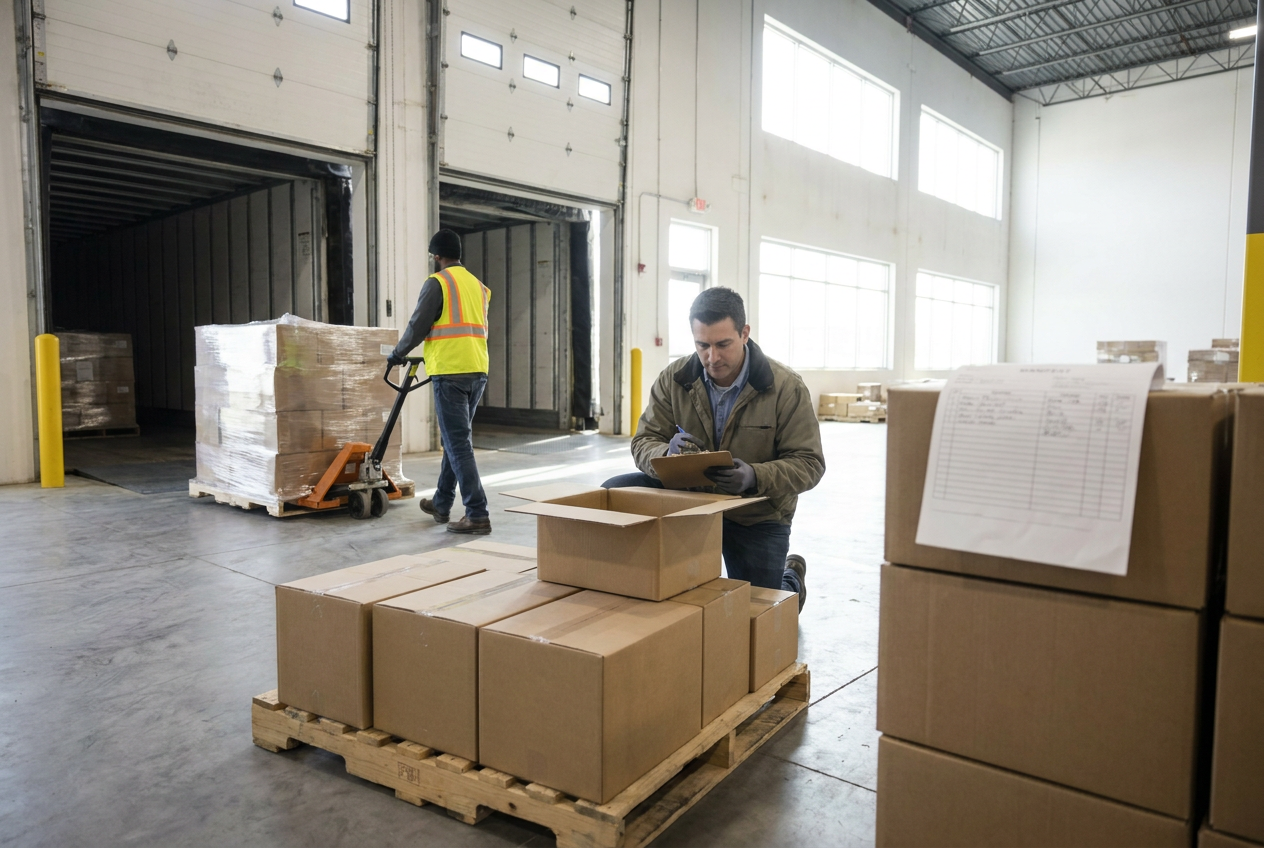 Receiving and documenting liquidation loads Wrapped liquidation pallets staged for delivery inspection and inventory count verification