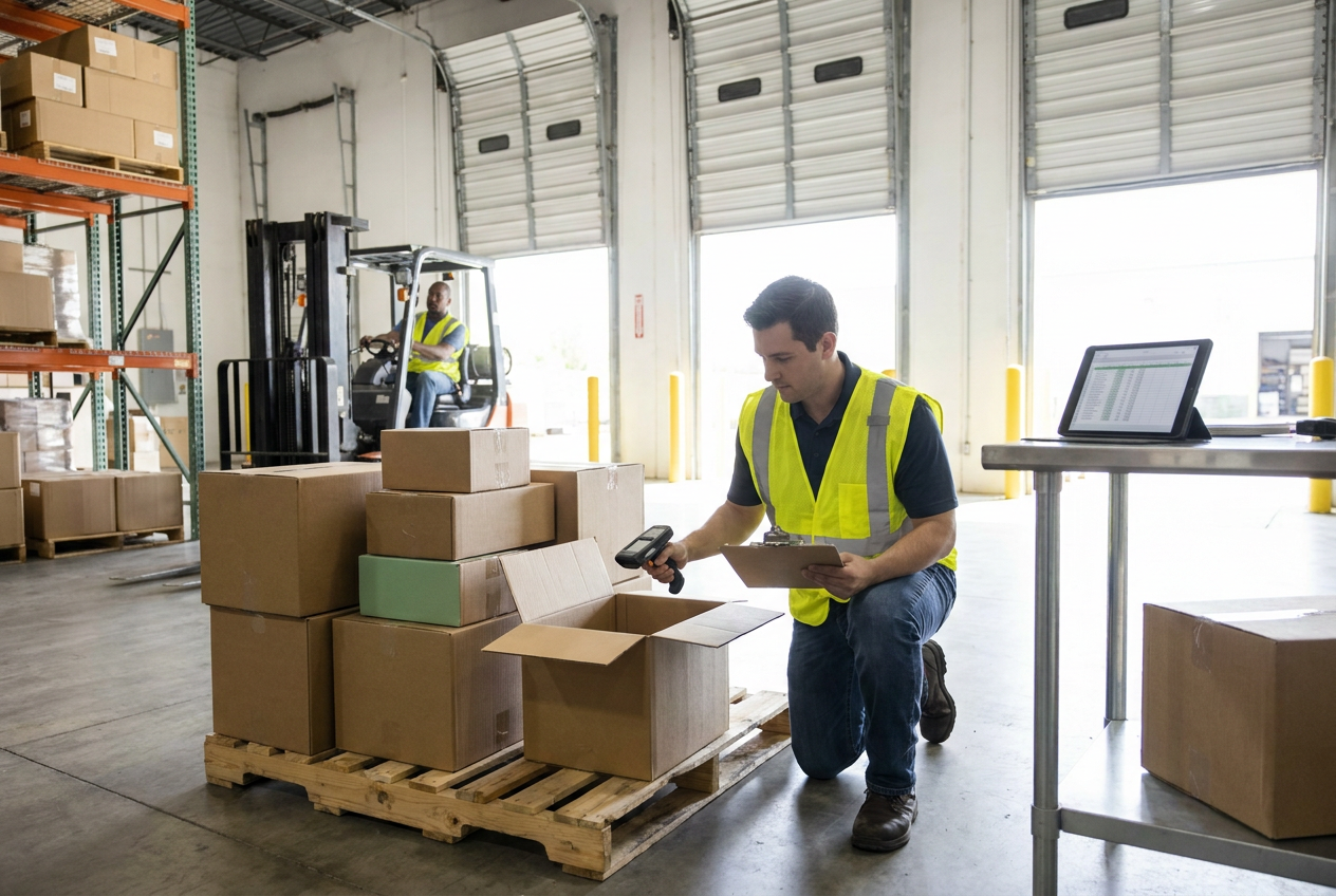 Liquidation load control checks Liquidation pallets in a warehouse staging area awaiting identification and release for shipment