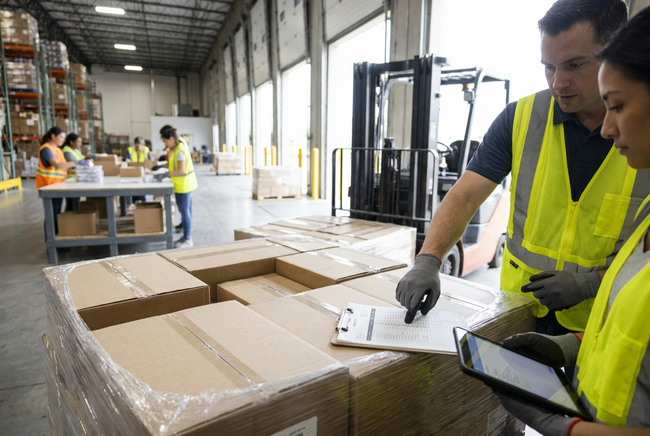 Documenting a liquidation delivery Wrapped liquidation pallets beside shipment paperwork used to check load identity and delivery condition