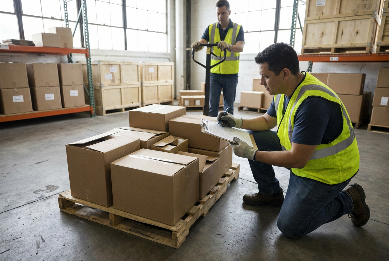 Verified counts before cost allocation Sorted liquidation units beside a testing station and inventory count sheet for break-even calculations