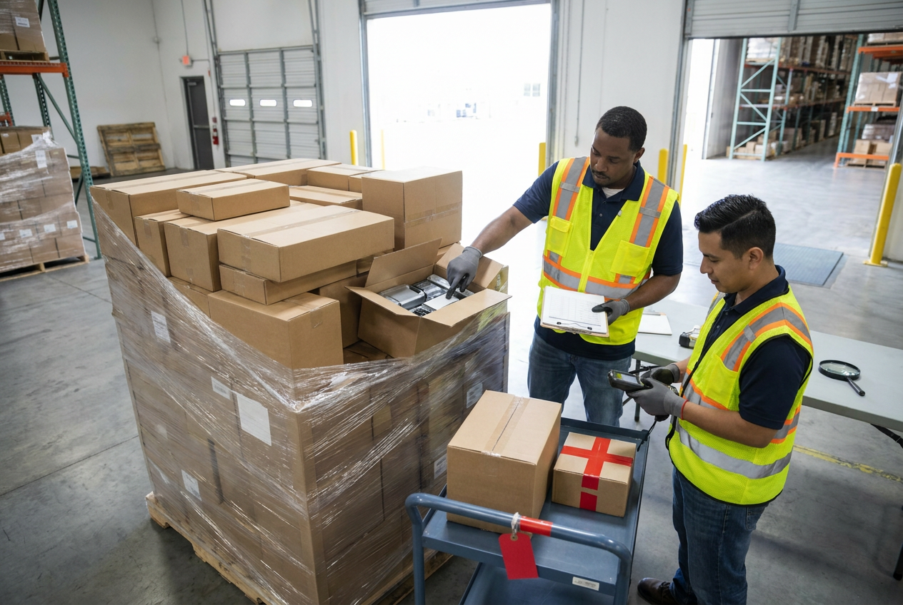Editorial illustration of liquidation inventory counterfeit risk through records and package identification