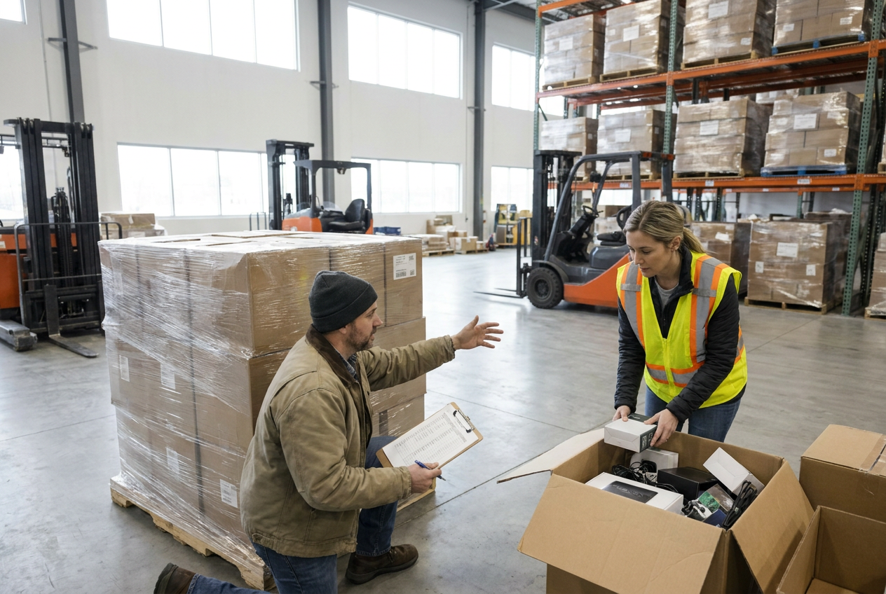 Liquidation pallets staged for receiving inspection with wrapped cartons and inventory documentation nearby