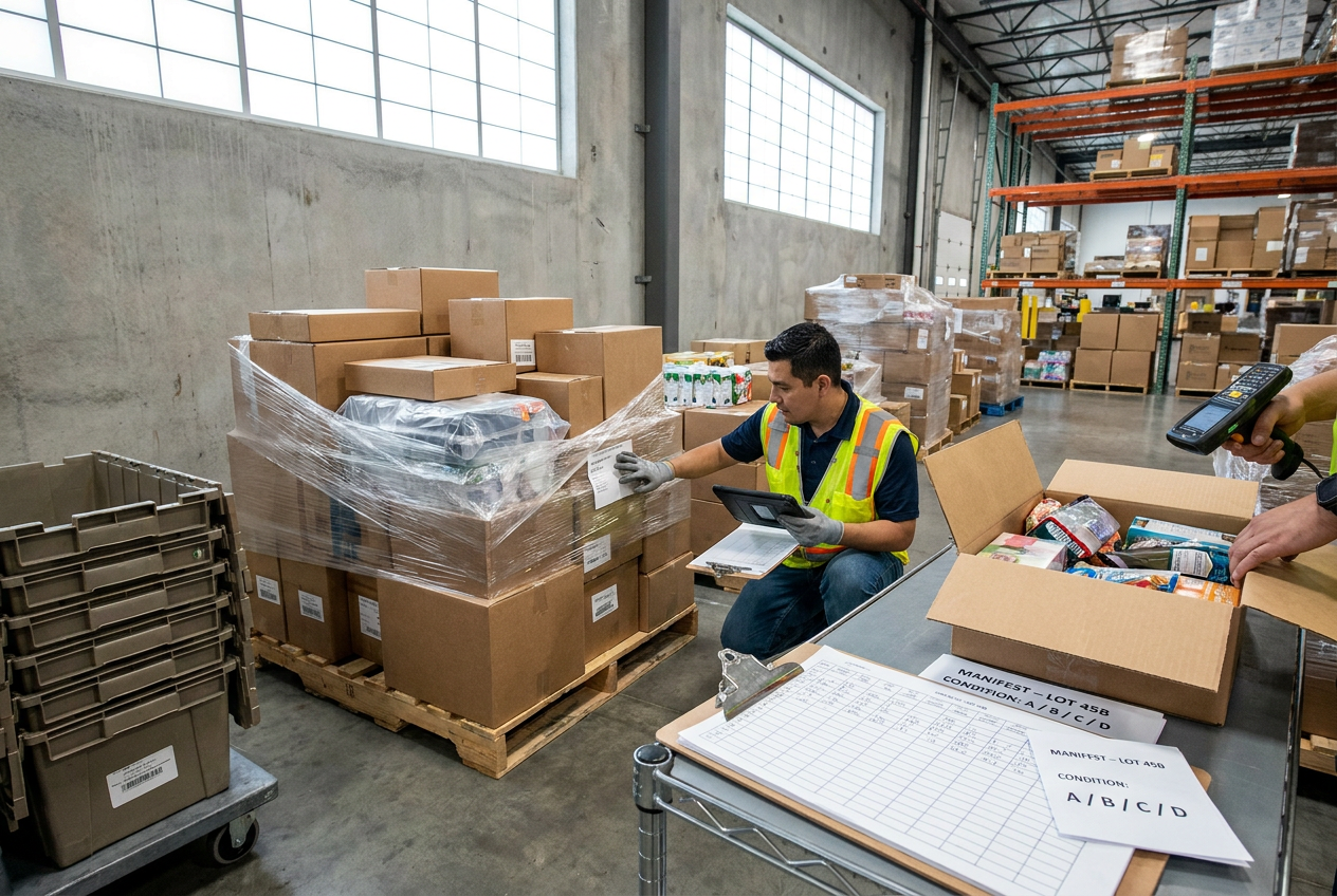 Marked pallet positions and access aisles for liquidation inventory storage inside a warehouse