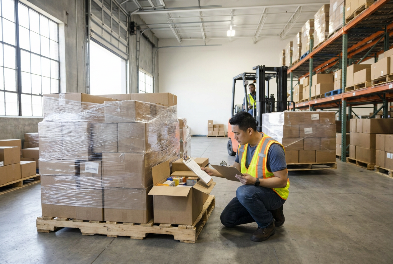 Separate incoming pallets, sorting benches, and shelving for sale-ready liquidation inventory storage