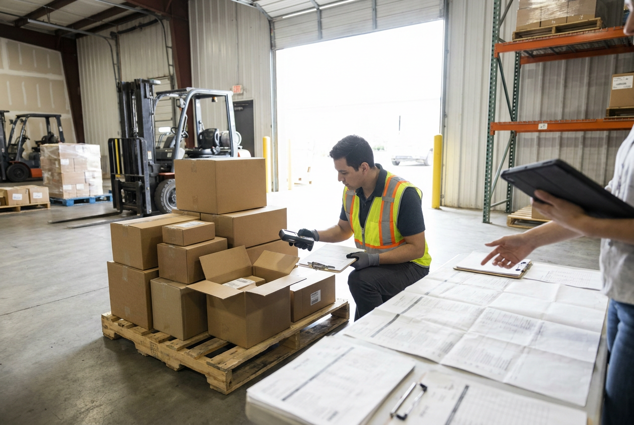 Documenting manifest discrepancies Wrapped liquidation pallets with carton labels and visible packaging damage documented during receiving