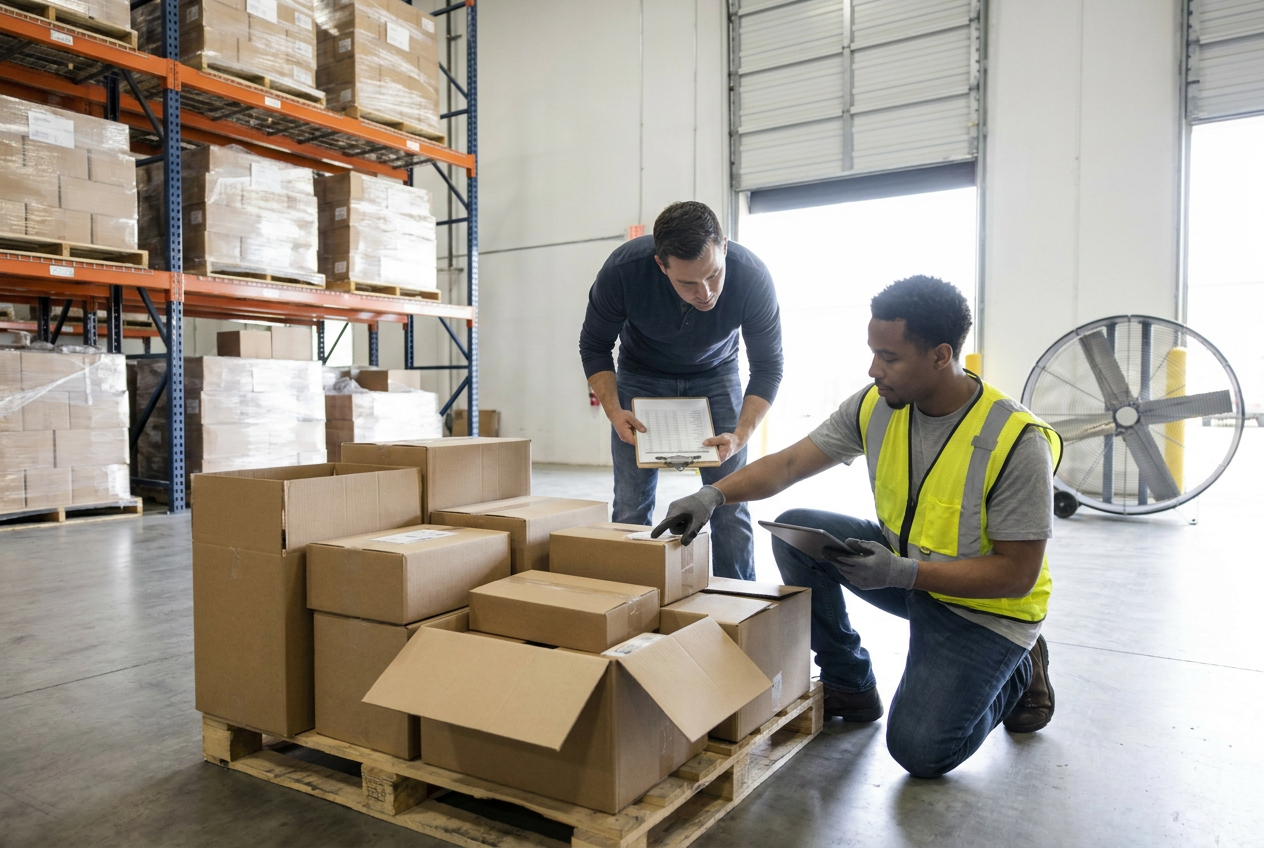 Organizing a condition mismatch claim Manifest worksheet beside labeled merchandise and close-up photographs used to organize discrepancy evidence