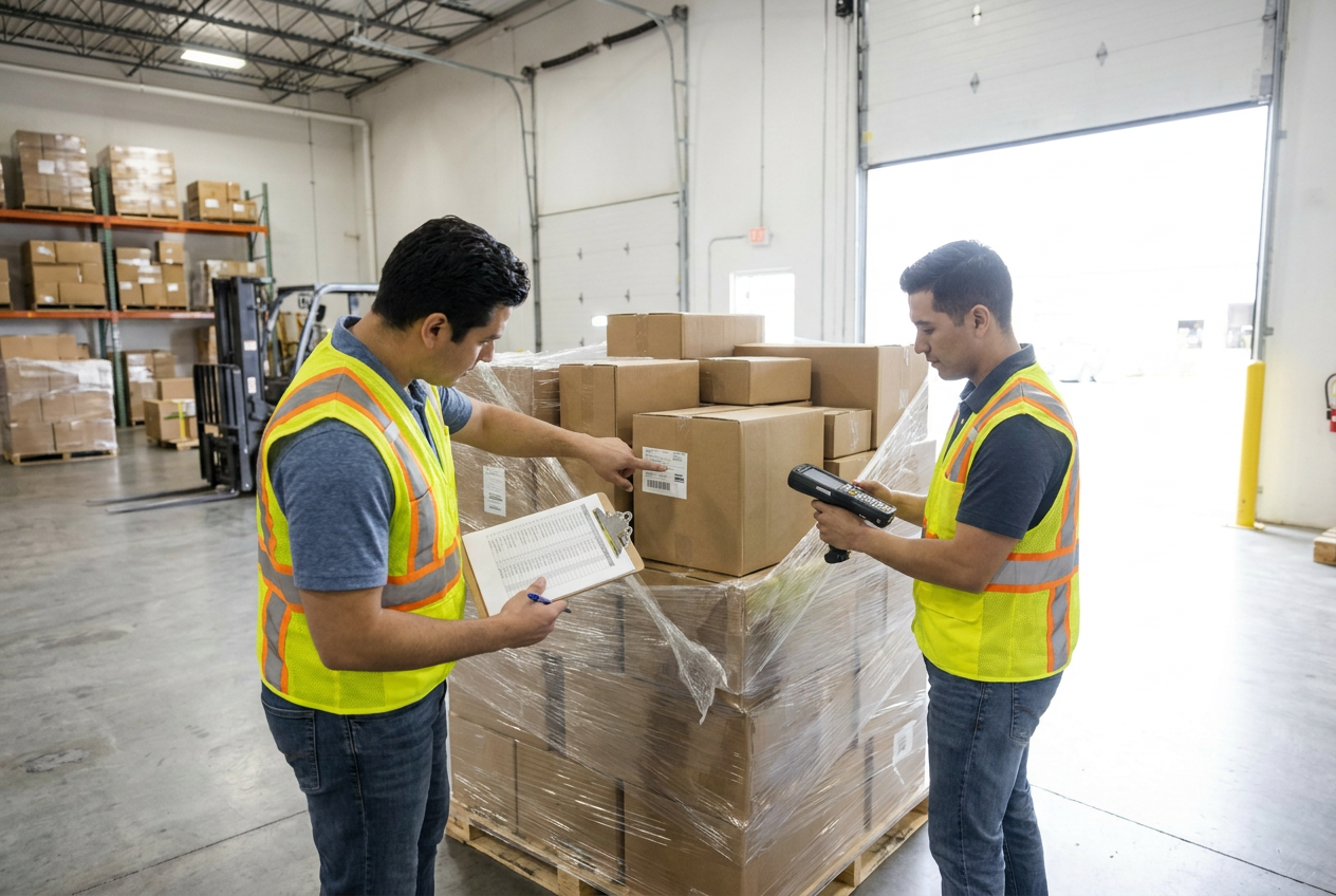 Wrapped liquidation pallets staged in a warehouse for freight delivery from Dallas