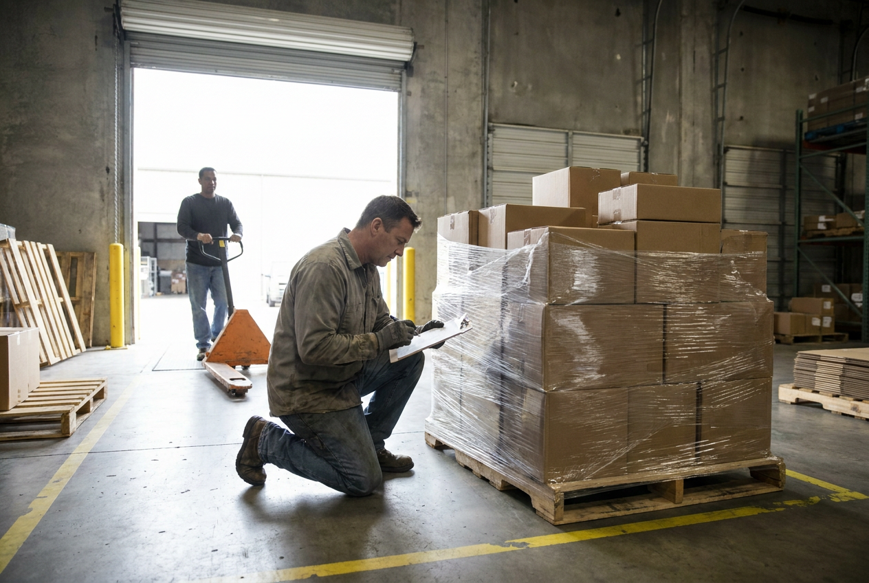 Liquidation pallet receiving area with wrapped freight ready for delivery-day inspection