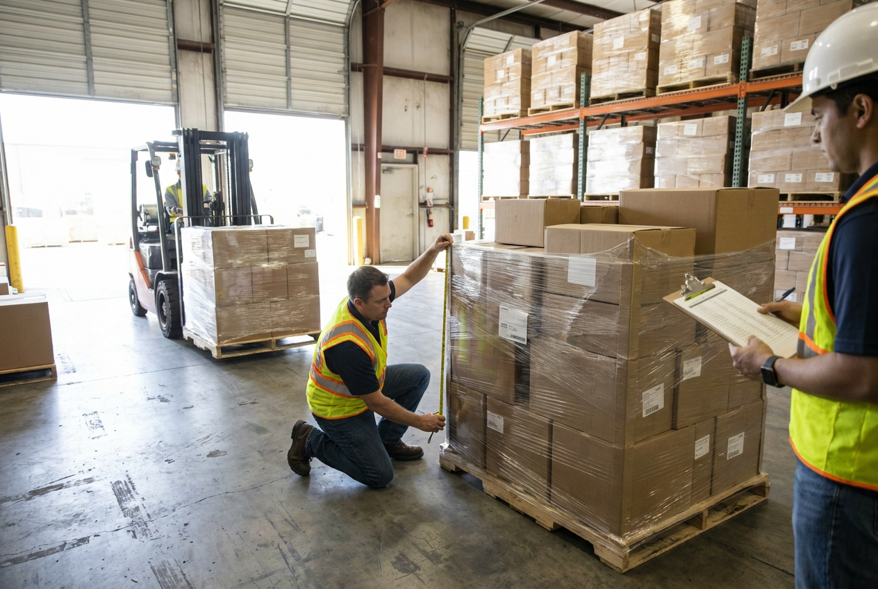 Editorial illustration comparing a loaded pallet with a doorway opening and a measured receiving route