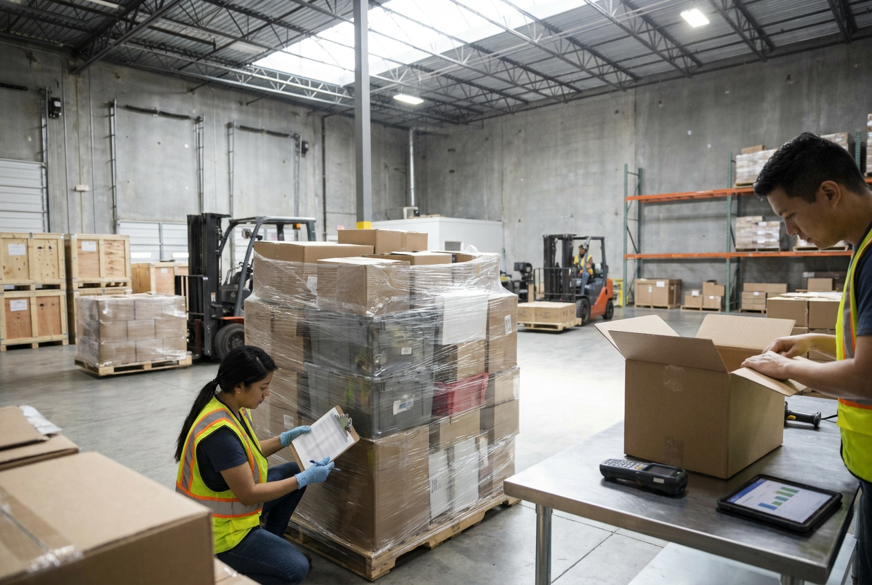 Liquidation pallet freight shipping Wrapped liquidation pallets staged beside a warehouse loading dock for freight shipping