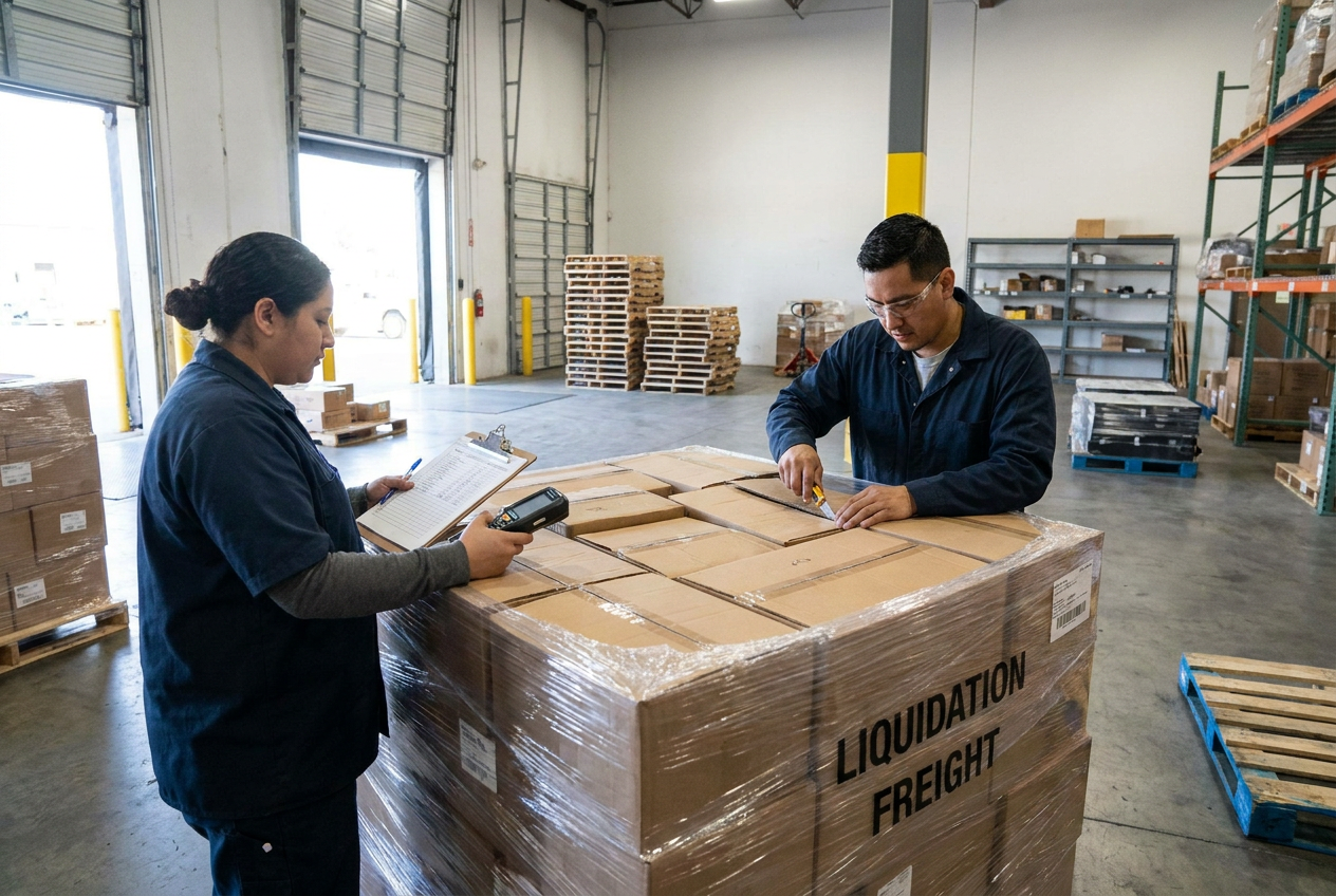 Recording merchandise test results Reseller checking item identifiers and recording test results during liquidation pallet inspection