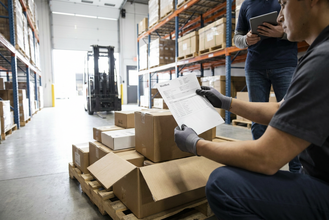 Editorial illustration of liquidation pallet local pickup planning with a pallet and vehicle