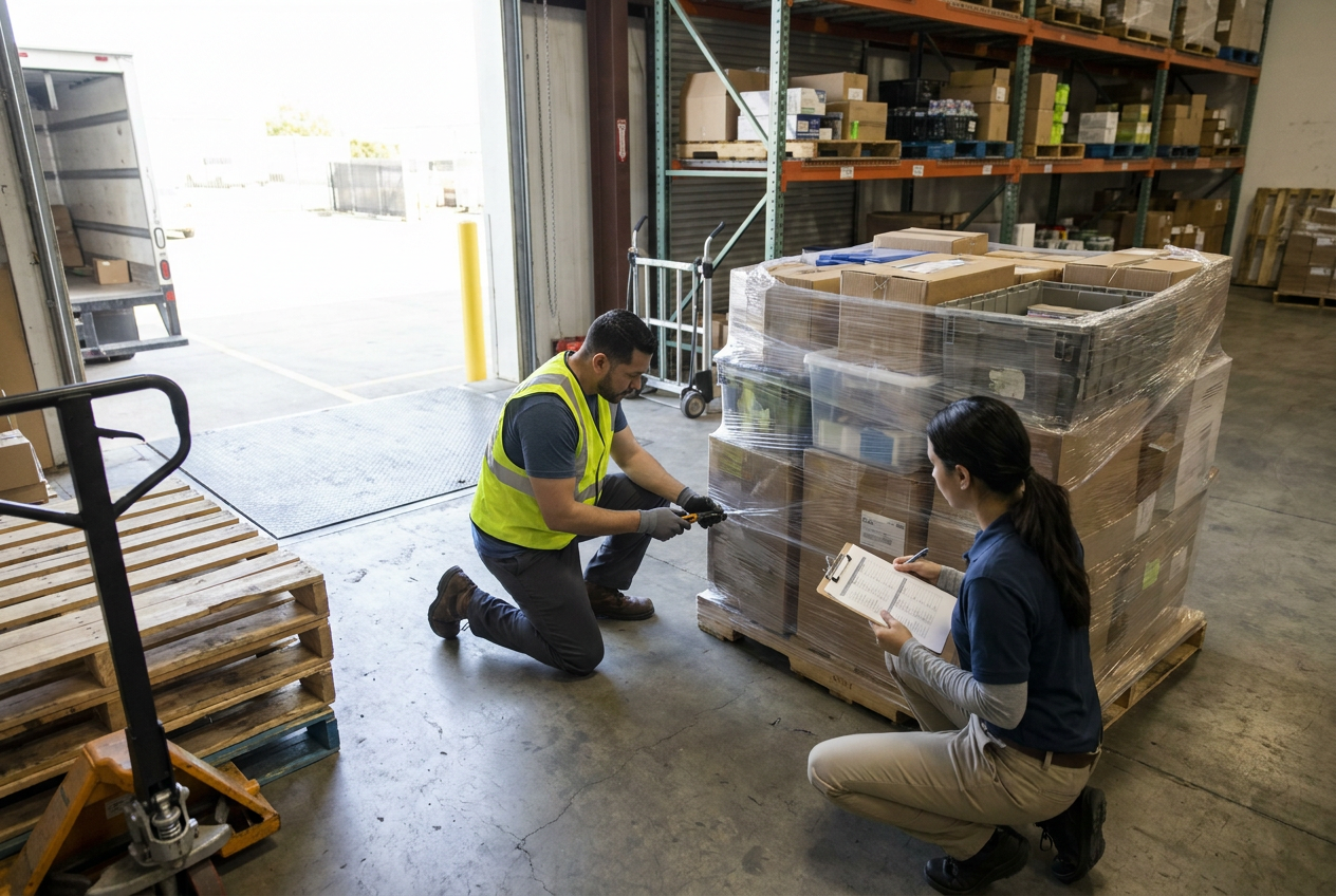 Editorial illustration of a pallet with cargo restraints for a planned road journey