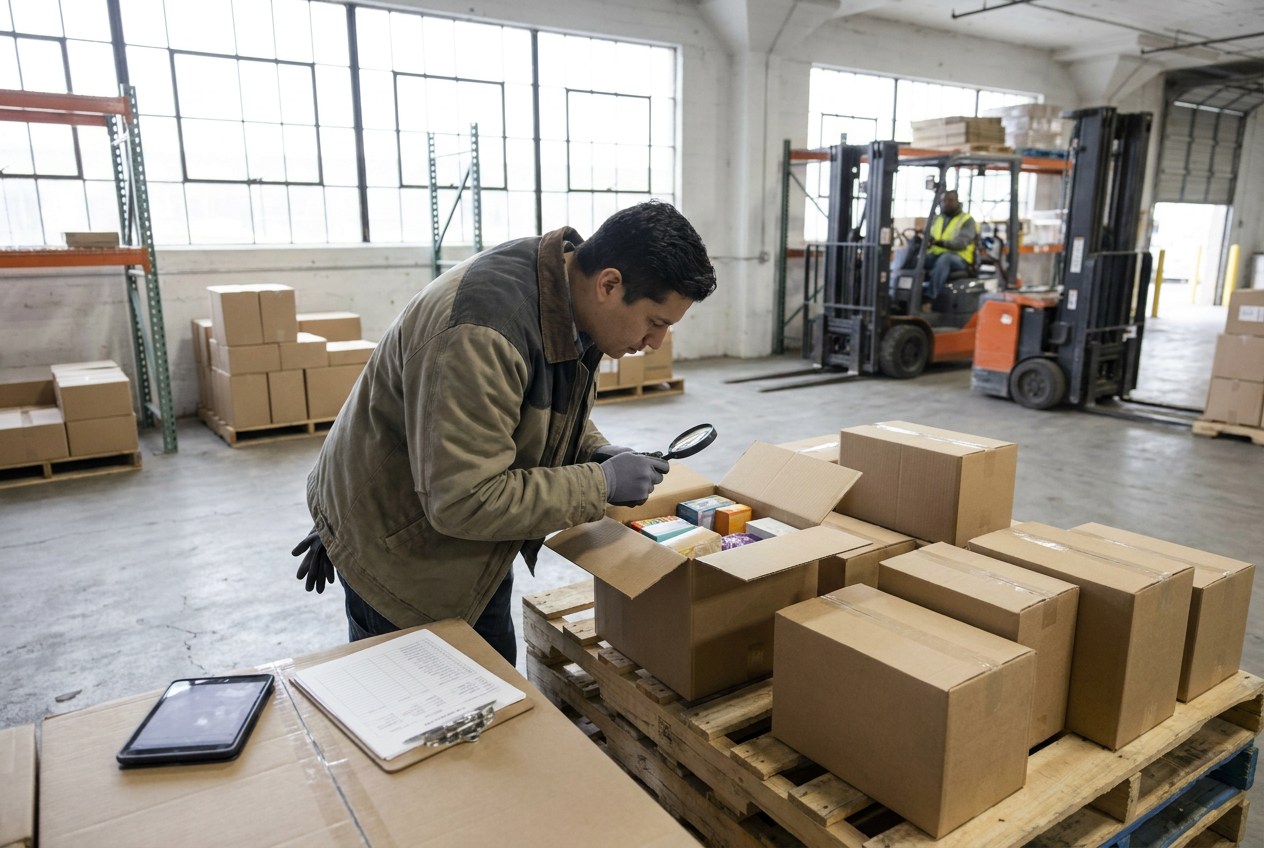 Planning liquidation sample orders Liquidation sample orders with boxed merchandise arranged for a trial pallet inventory check