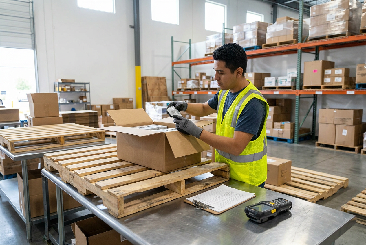 Documenting trial pallet inspection Sorted trial pallet merchandise with separate boxes for inspection, testing, and inventory reconciliation