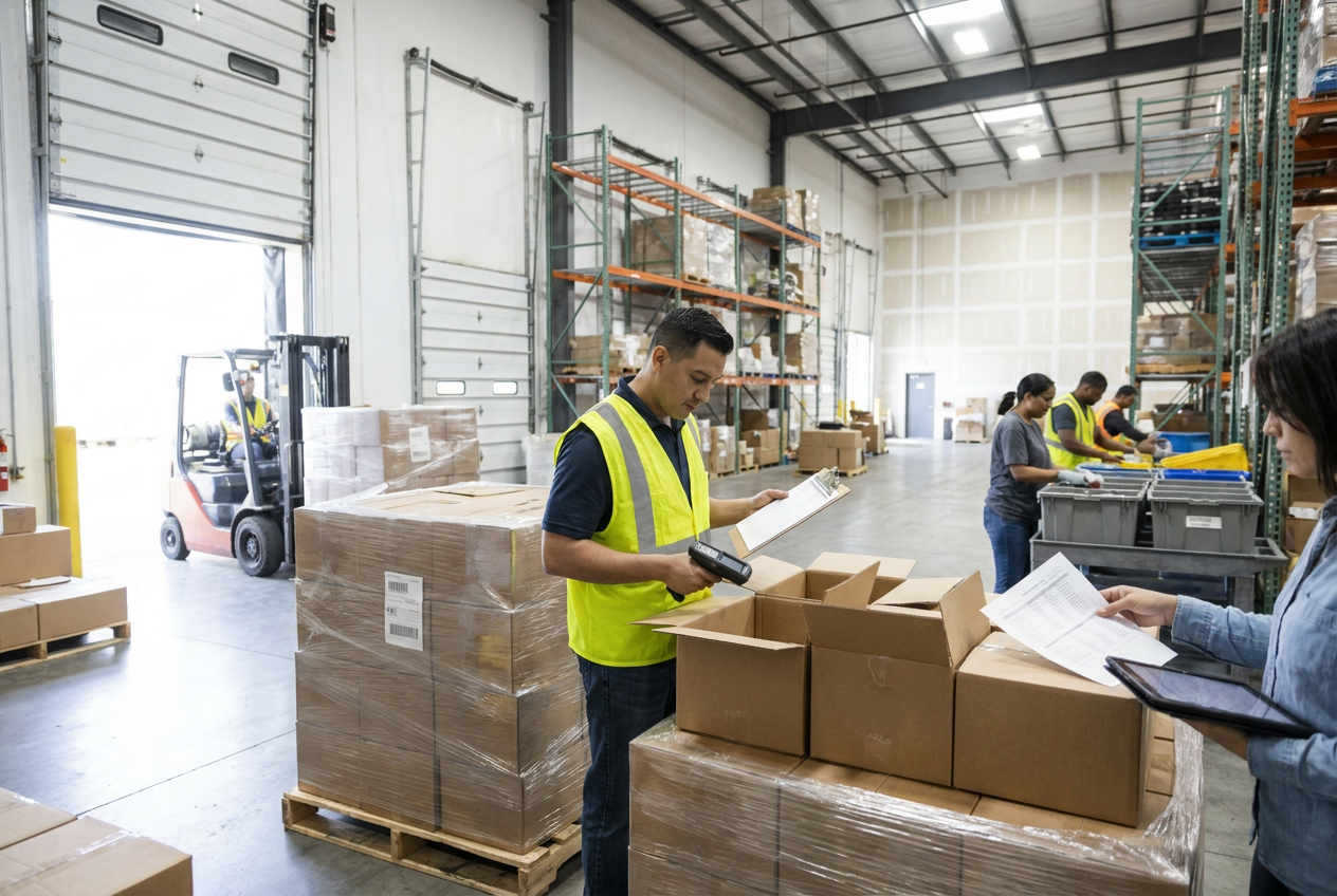 Liquidation supplier minimum order review Wrapped liquidation pallets arranged in a warehouse for minimum order quantity review