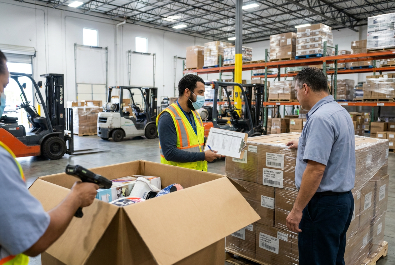 Preparing to receive liquidation inventory Palletized liquidation inventory staged near a warehouse loading area for delivery inspection