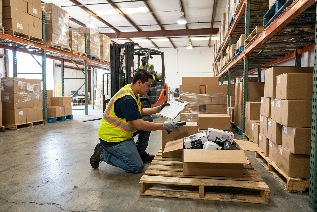 Reseller reviewing an invoice and laptop for liquidation supplier payment scams before authorizing payment