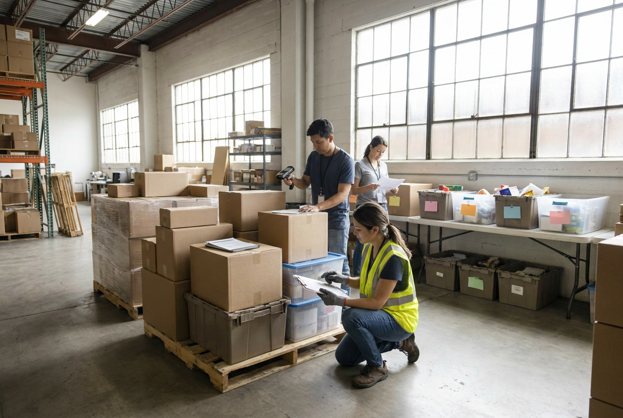Checking supplier trade references Reseller reviewing liquidation supplier references beside order paperwork and a laptop