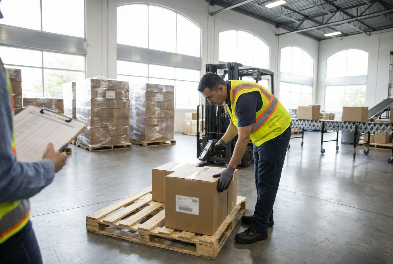 Documenting pallet receipt details Wrapped liquidation pallets beside a delivery checklist used to document shipment condition